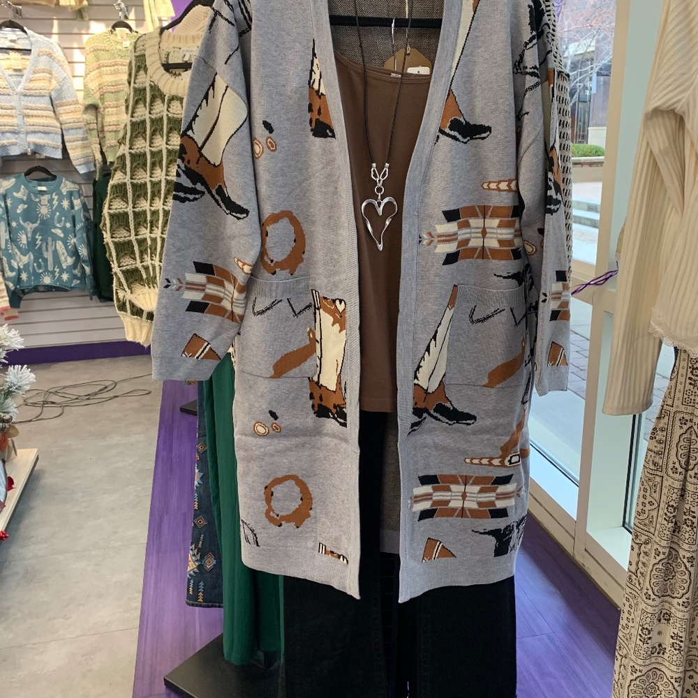 NWT Original gray western print long sweater cardigan